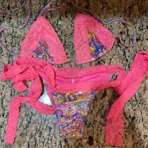Have Faith Swimgerie Swimwear Pink Lace and Multicolor Bikini shiny size medium